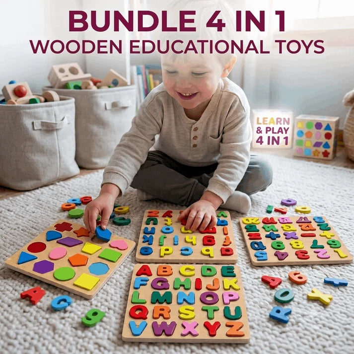 Early Educational Wooden Colorful 3D Learning Board (Sharp your kids Thinking Skills) 4 in 1 Bundle