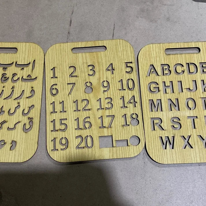 Early Learning Wooden Stencil Board Set – ABC, Numbers &amp; Alifbey (Pack of 3)