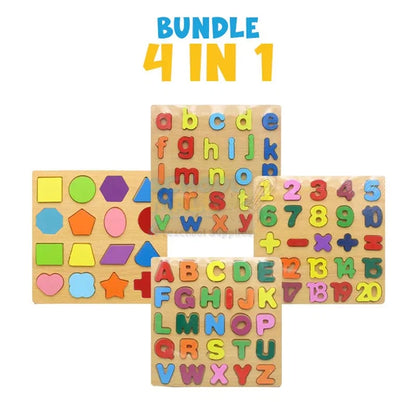 Early Educational Wooden Colorful 3D Learning Board (Sharp your kids Thinking Skills) 4 in 1 Bundle